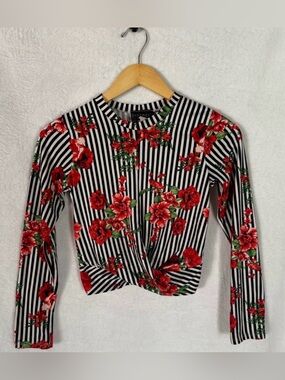 Discreet Black & White Striped Long Sleeve Top with Red Floral Print